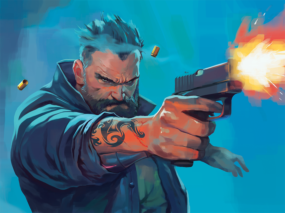 Digital painting of a tough looking caucasian man with spiky hair and a full beard. He is wearing a coat with the sleeves pushed up, has visible arm tattoos, and he is firing a handgun while wearing a grim, focused expression