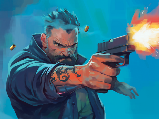 Digital painting of a tough looking caucasian man with spiky hair and a full beard. He is wearing a coat with the sleeves pushed up, has visible arm tattoos, and he is firing a handgun while wearing a grim, focused expression