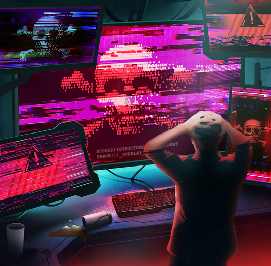 Digital painting of a figure standing in front of an array of screens and monitors, clutching his head in anguish as his system glitches and crashes. Monitors show red glitches and skulls. Zero Day, artwork from Cyberpunk Legends.