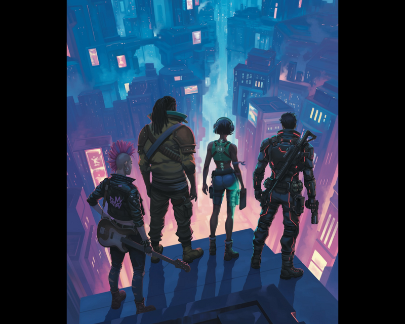 Illustration of 4 cyberpunk characters standing on a building, looking down at Night City.