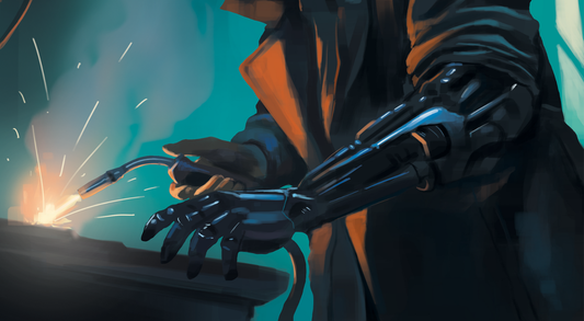 Illustration of someone with a metal robotic cyberhand working with a torch.