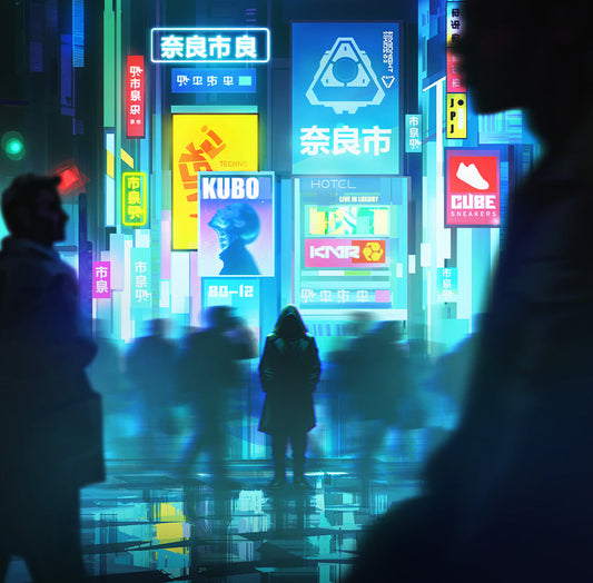 A busy neon lit street. Artwork from Cyberpunk Legends.