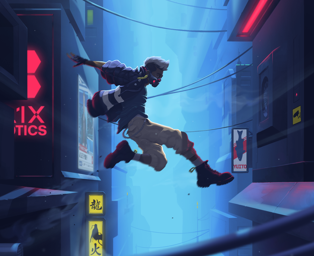 Original digital painting from Cyberpunk Legends showing a person dressed in futuristic streetwear leaping between city buildings.