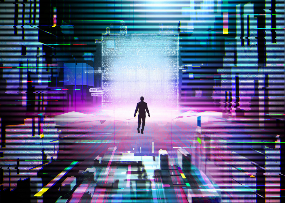 Digital painting of a figure floating in cyberspace from Cyberpunk Legends